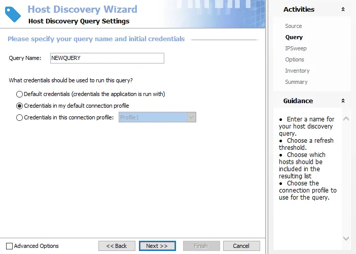 Host Discovey Wizard Query page for IP network scan