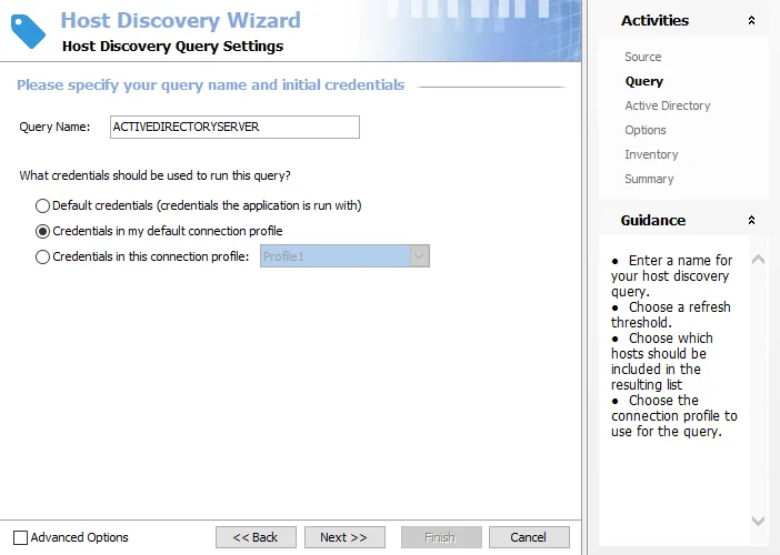 Host Discovery Wizard Query page for AD General