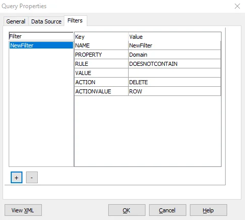 Filters tab of Query Properties window with a new filter