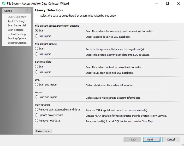 FSAA Data Collector Wizard Query Selection page