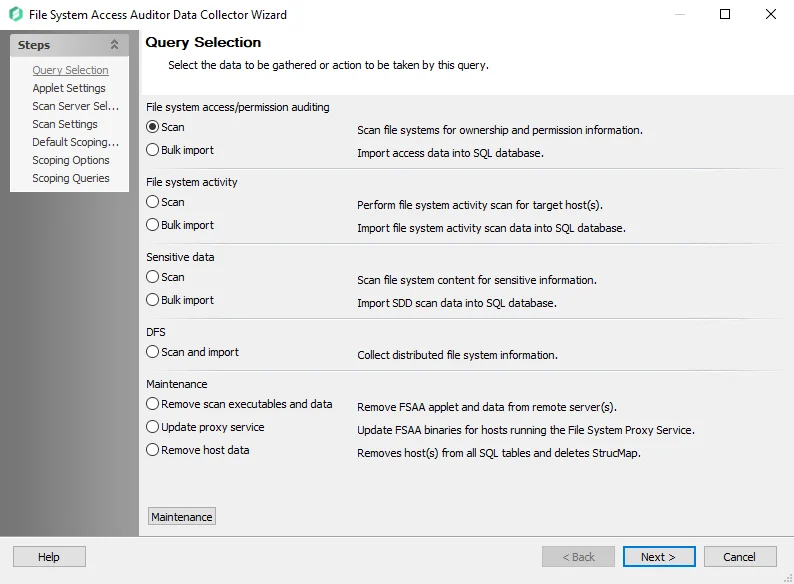 FSAA Data Collector Wizard Query Selection page