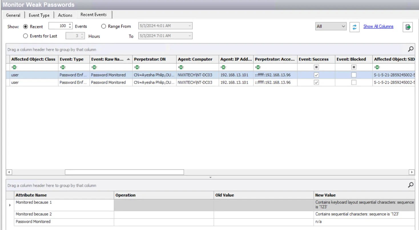 Recent Events Tab for weak password monitoring