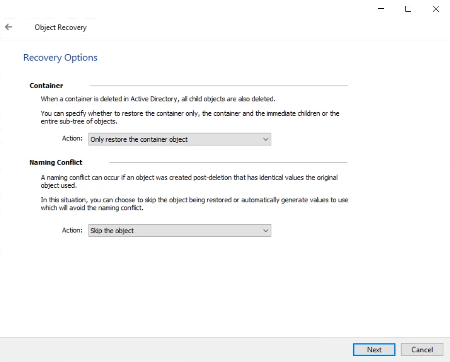 Object Recovery Wizard - Recovery Options page