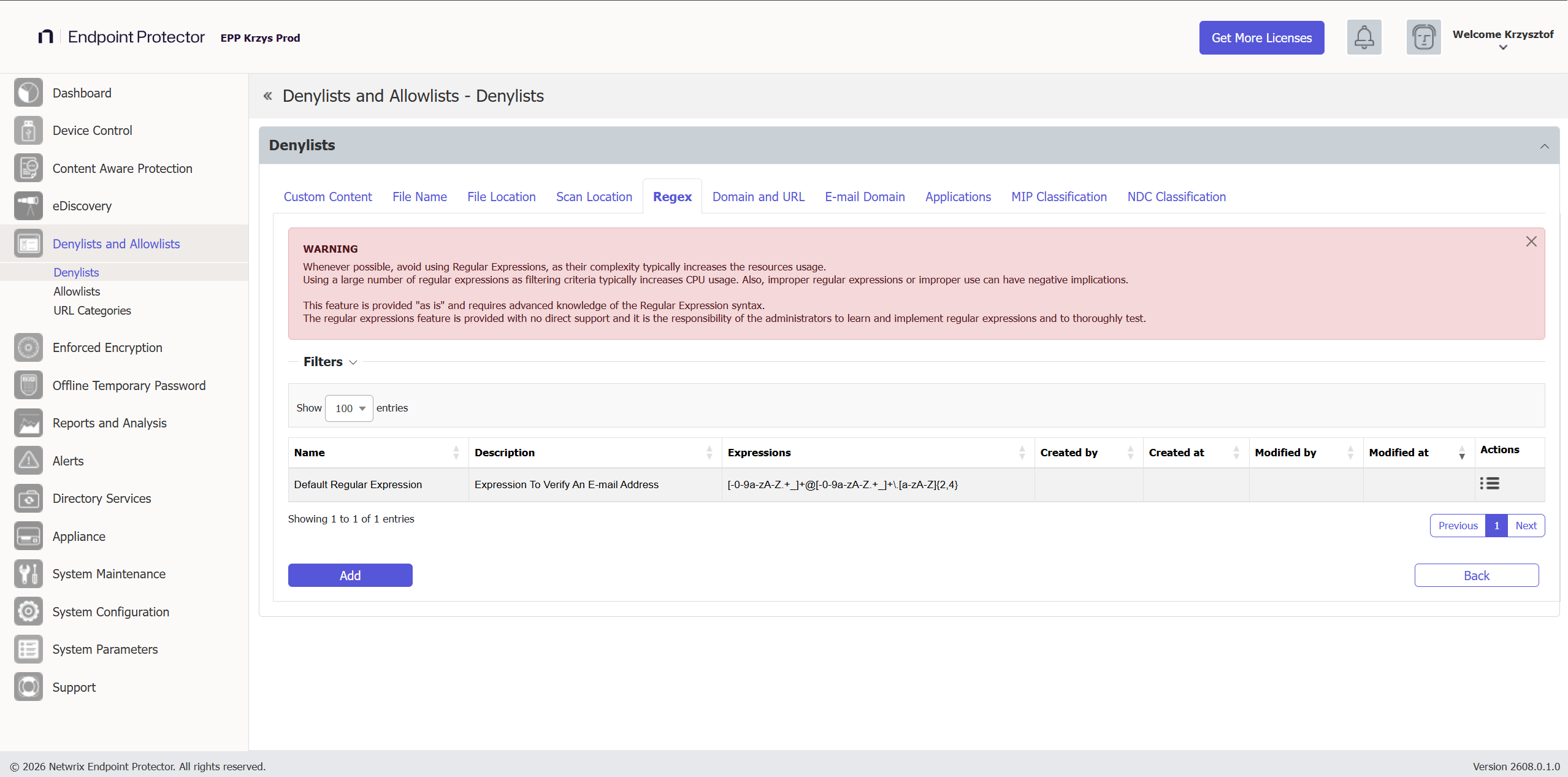 You can view and add regex expressions and from the Actions column