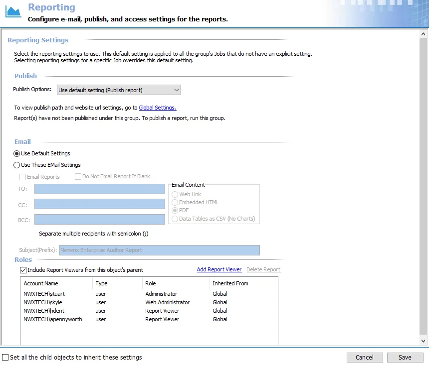 Job Group Reporting Settings page
