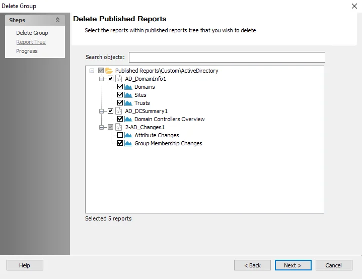 Delete Published Reports wizard page