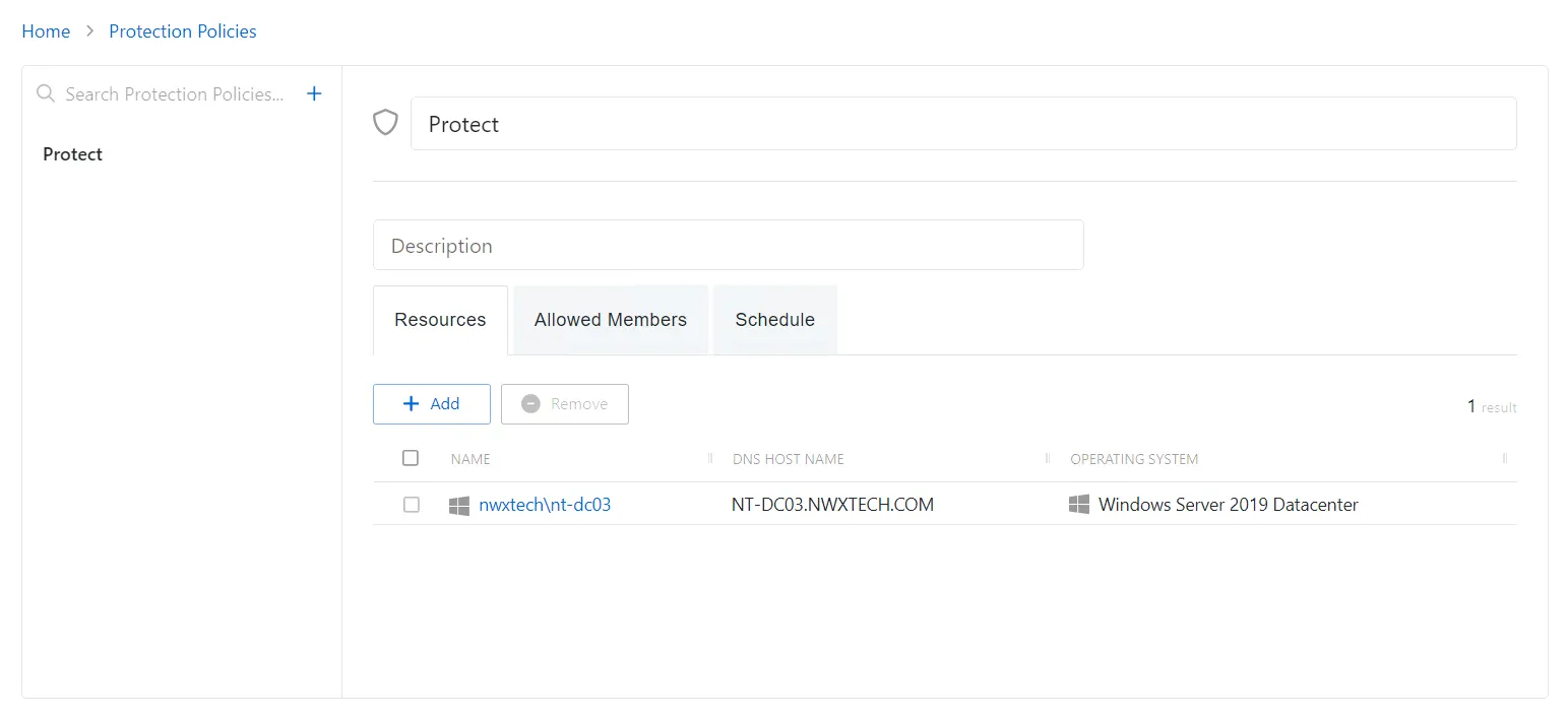 Protection policy resources tab