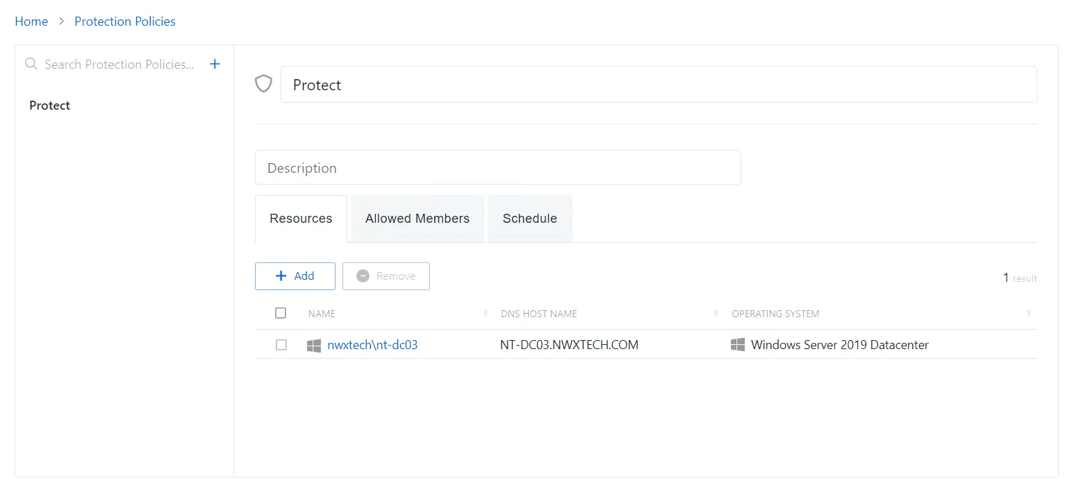 Protection policy resources tab