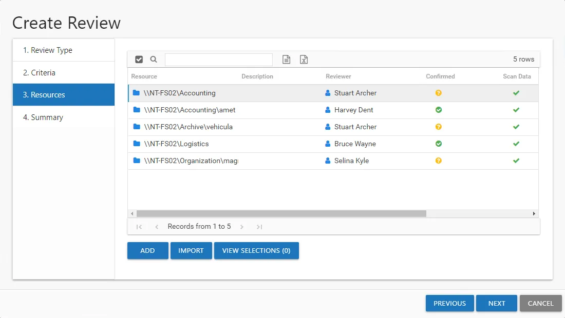 Create Review wizard Resources page