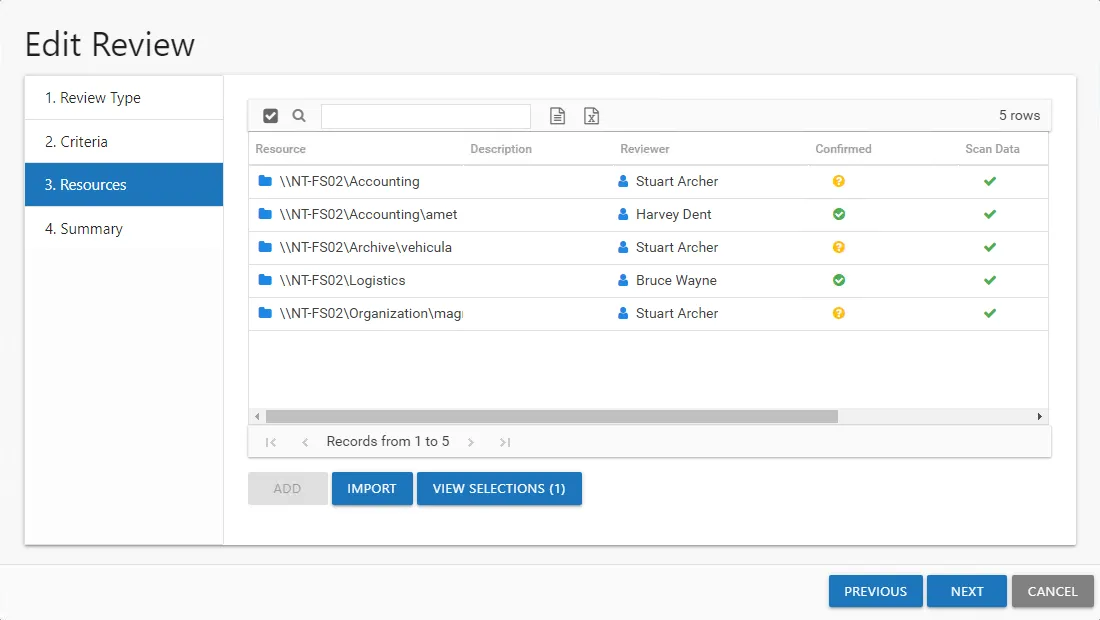 Edit Review wizard Resources page