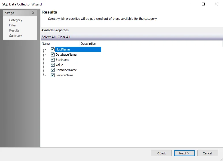 SQL Data Collector Wizard Results Page