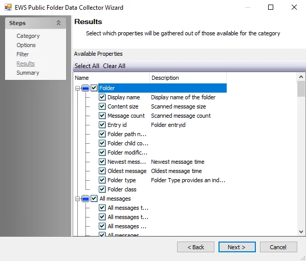EWS Public Folder Data Collector Wizard Results page