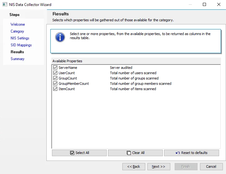 NIS Data Collector Wizard Results page