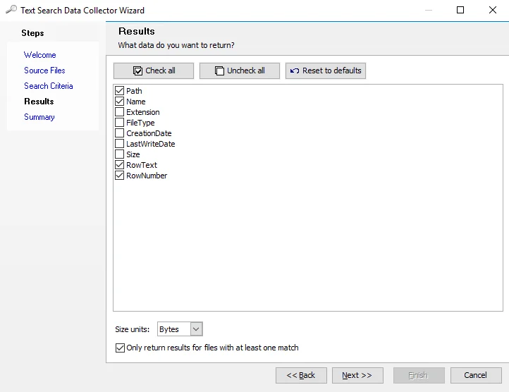 Text Search Data Collector Wizard Results page