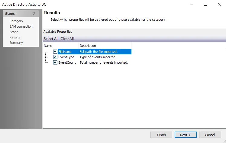 Active Directory Activity DC wizard Results page