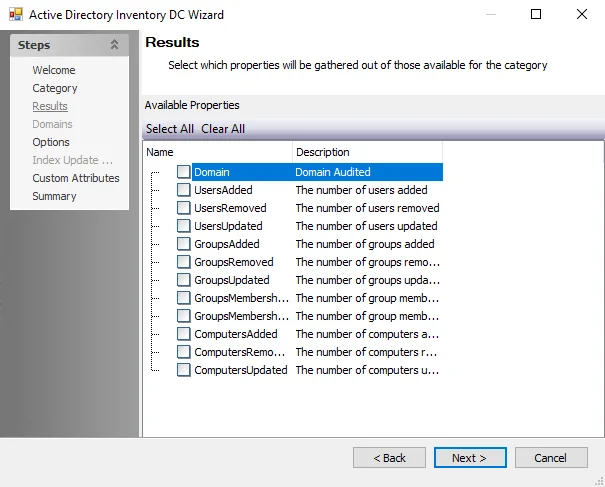 Active Directory Inventory DC Wizard Results page