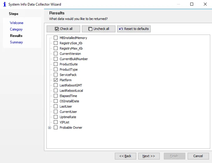 System Info Data Collector Wizard Results page