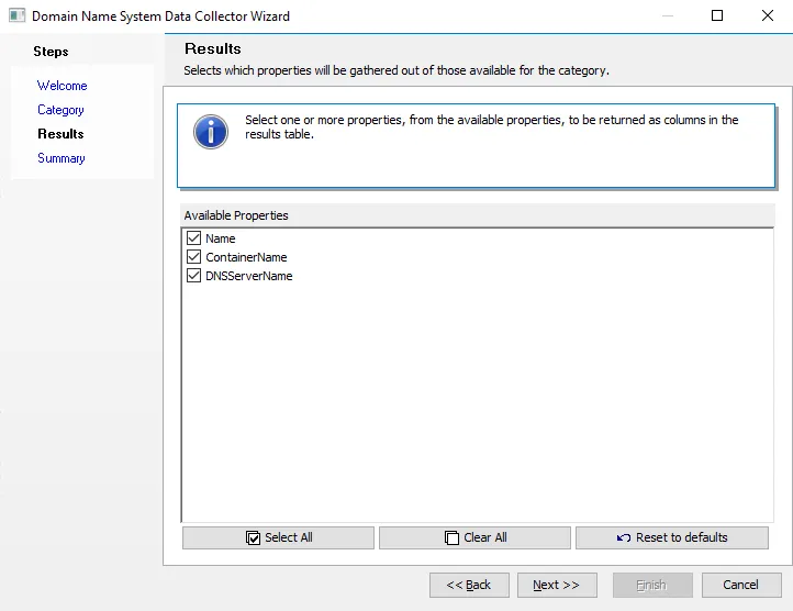 Domain Name System Data Collector Wizard Results page