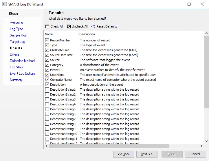 SMART Log DC Wizard Results page