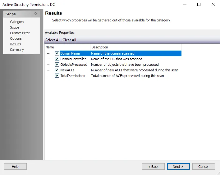 ADPermissions Data Collector wizard Results page