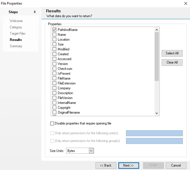 File Search Wizard Results page