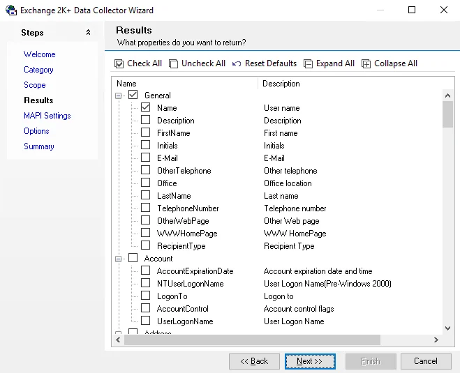 Exchange 2K+ Data Collector Wizard Results page