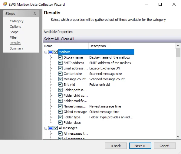 EWS Mailbox Data Collector Wizard Results page