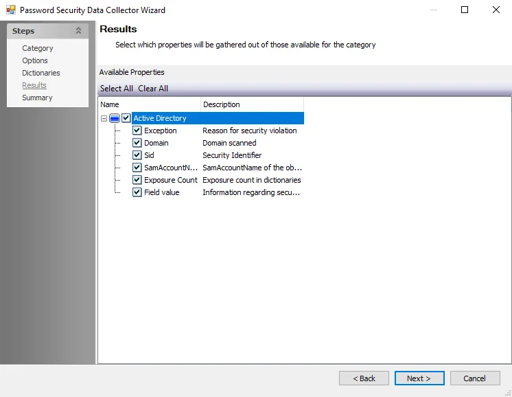 Password Security Data Collection Wizard Results page
