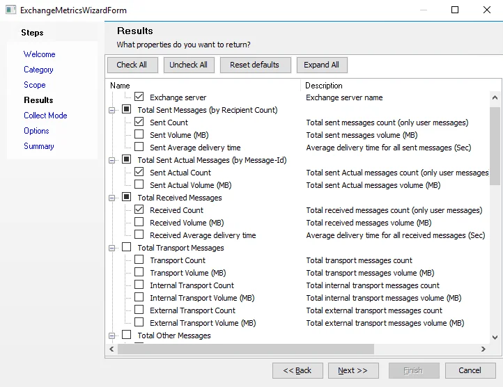 Exchange Metrics Data Collector Wizard Results page