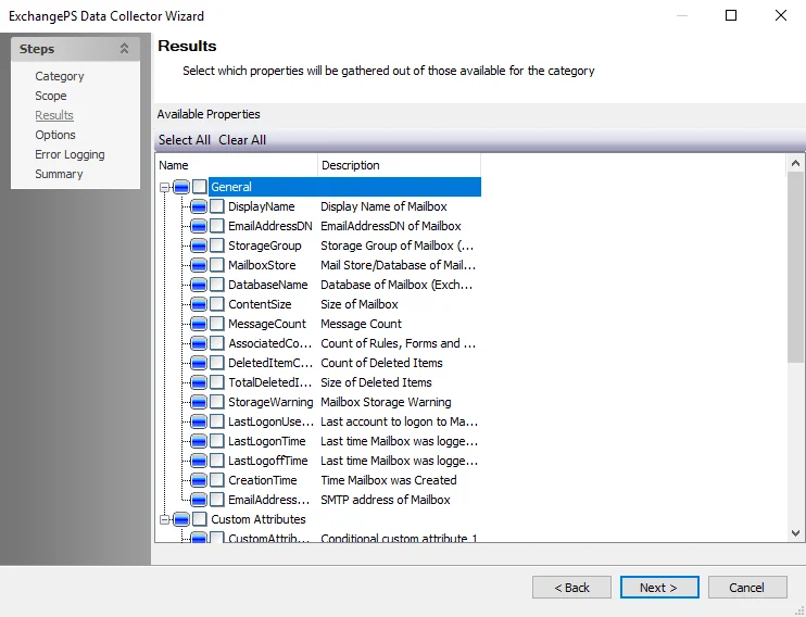 ExchangePS Data Collector Wizard Results page