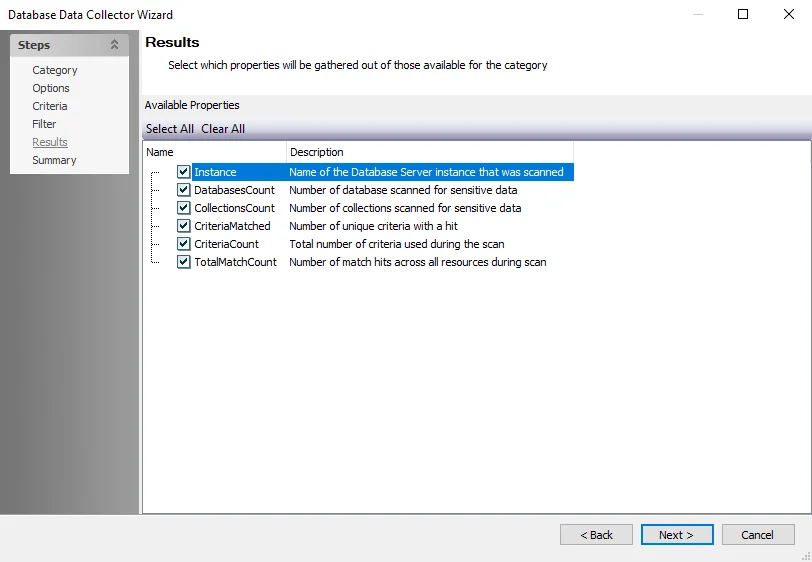 NoSQL Data Collector Wizard Results page
