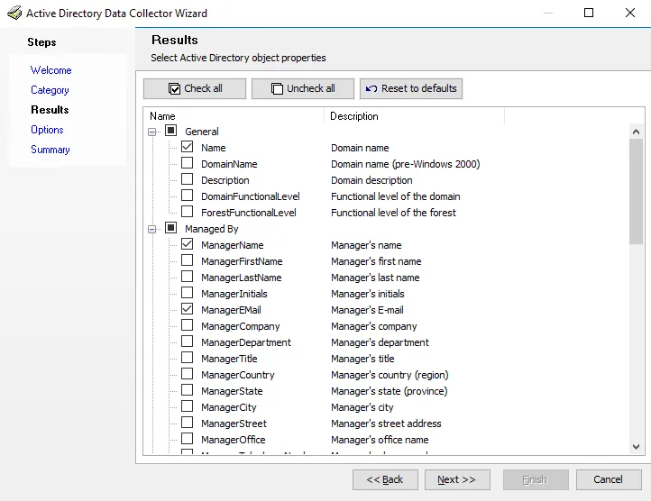 Active Directory Data Collector Wizard Results page