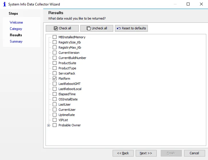 System Info Data Collector Wizard Results page