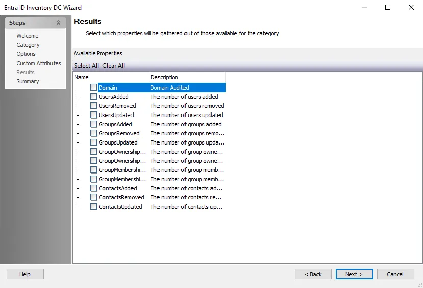 Entra ID Inventory DC Wizard Results page