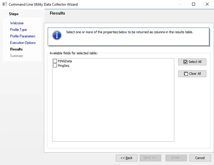 Command Line Utility Data Collector Wizard Results page