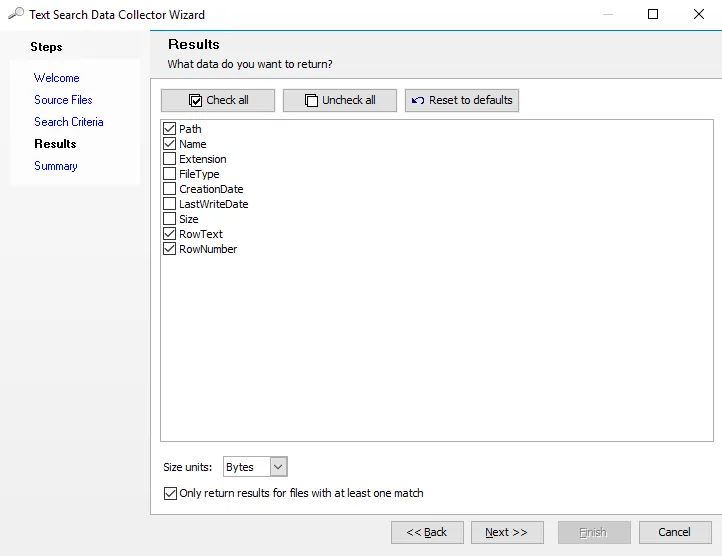 Text Search Data Collector Wizard Results page