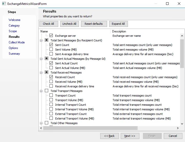 Exchange Metrics Data Collector Wizard Results page
