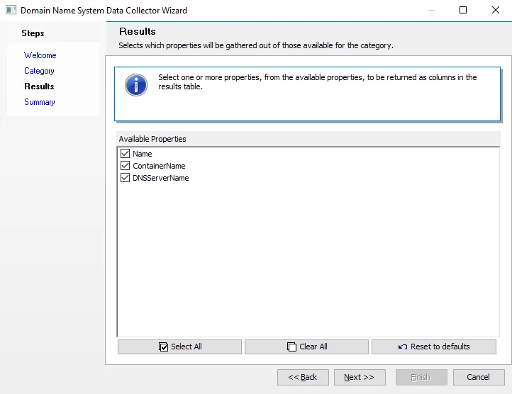 Domain Name System Data Collector Wizard Results page