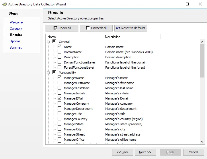 Active Directory Data Collector Wizard Results page
