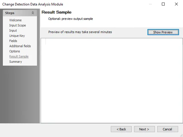 Change Detection Data Analysis Module wizard Result Sample page