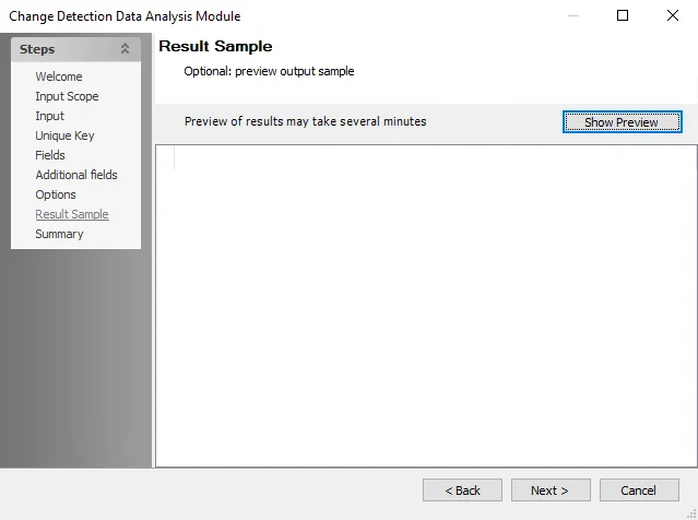Change Detection Data Analysis Module wizard Result Sample page