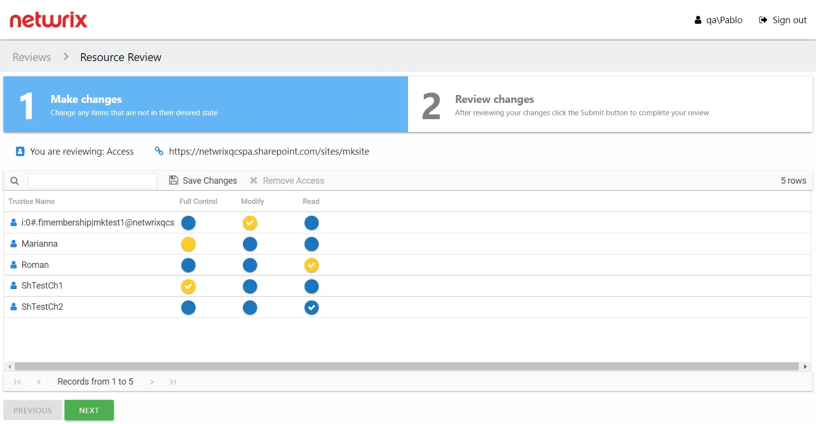 Resource Reviews page showing the 1 Make changes tab