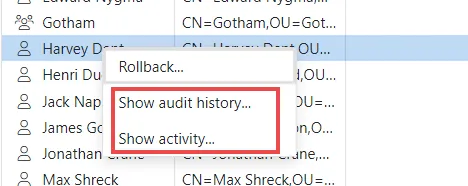 Right-click menu on the Active Directory page