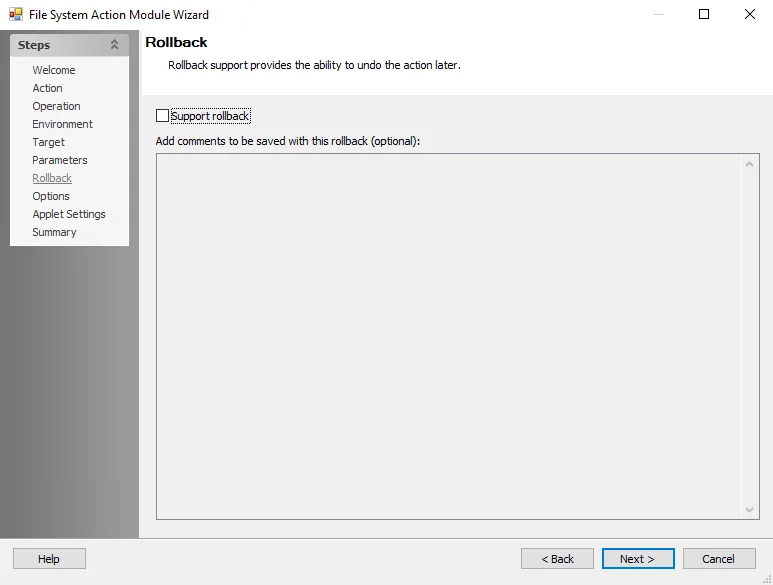 File System Action Module Wizard Rollback page