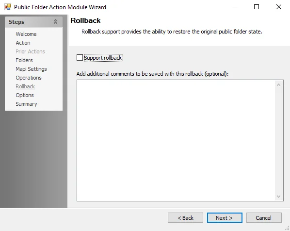 Public Folder Action Module Wizard Rollback page