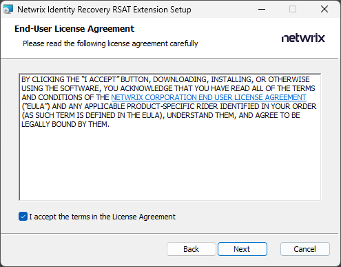 RSAT Extension Installation Wizard - License Agreement page