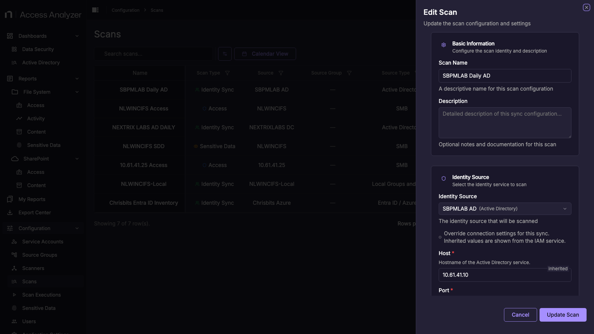 Edit Scan panel for an Active Directory identity sync showing Identity Source, connection override settings, and Schedule