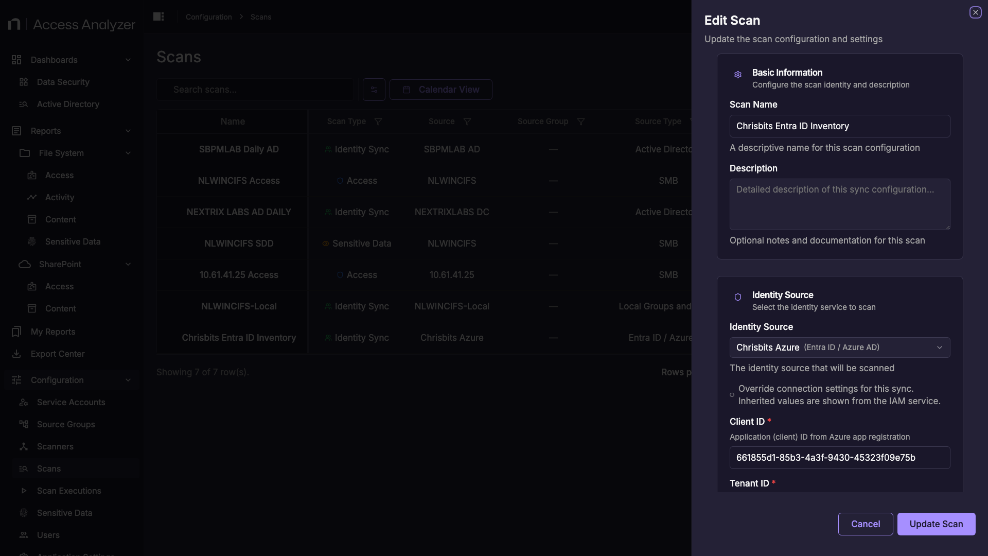 Edit Scan panel for an Entra ID identity sync showing Identity Source, connection override settings, and Schedule