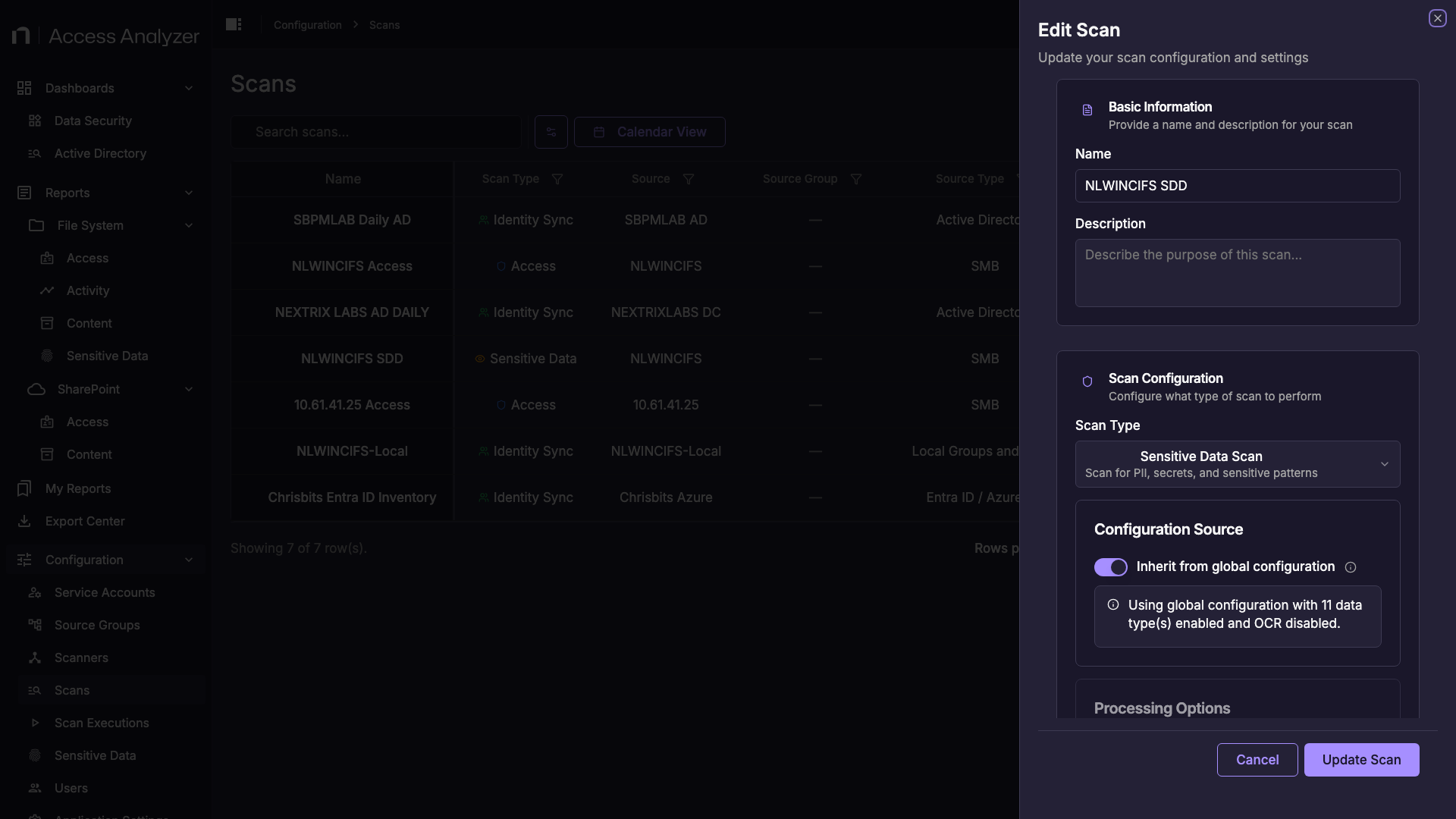 Edit Scan panel for a File Server sensitive data scan showing Scan Type, Configuration Source, and Processing Options sections