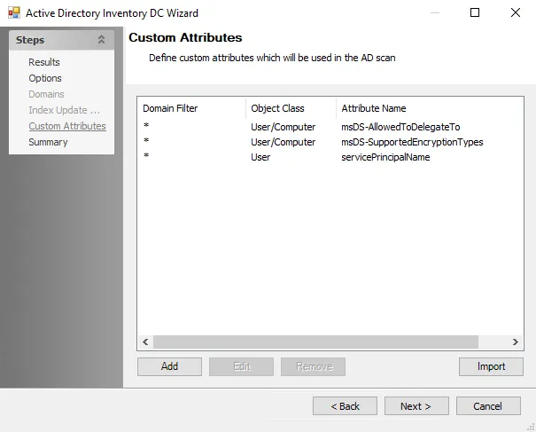 Active Directory Inventory DC Wizard Custom Attributes page
